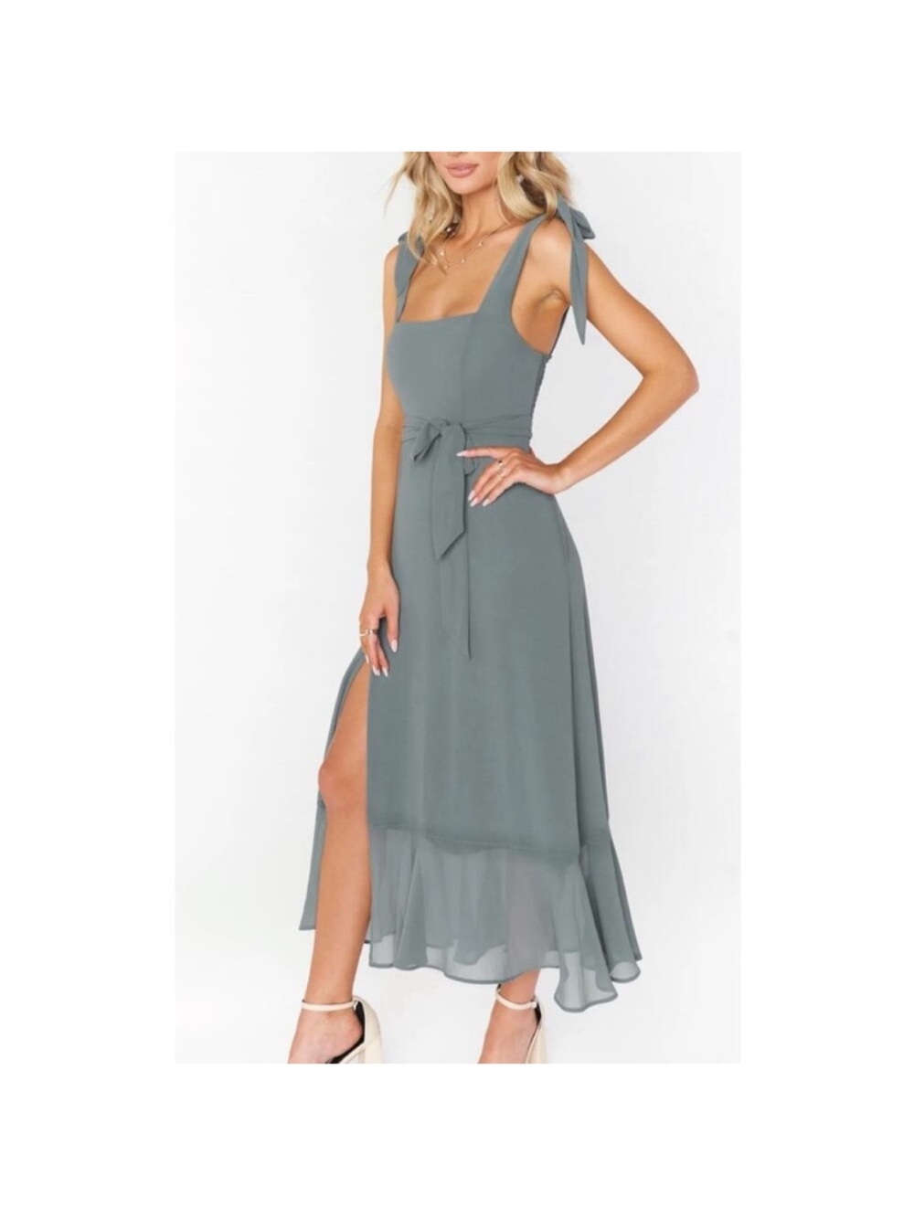 Show me your mumu Claire Tie-Shoulder Sage Green Midi Dress with Waist Tie